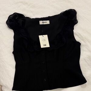 Guizio Black Paloma Lace Trim Button Front Top